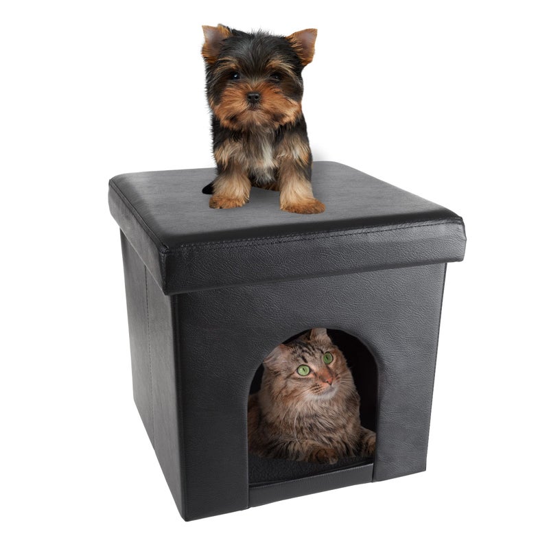 PETMAKER Cat House â€“ Collapsible Multipurpose Small Dog or Cat Ottoman with Footrest, Cushioned Top, and Interior Pillow by PETMAKER (Black) - Image 1
